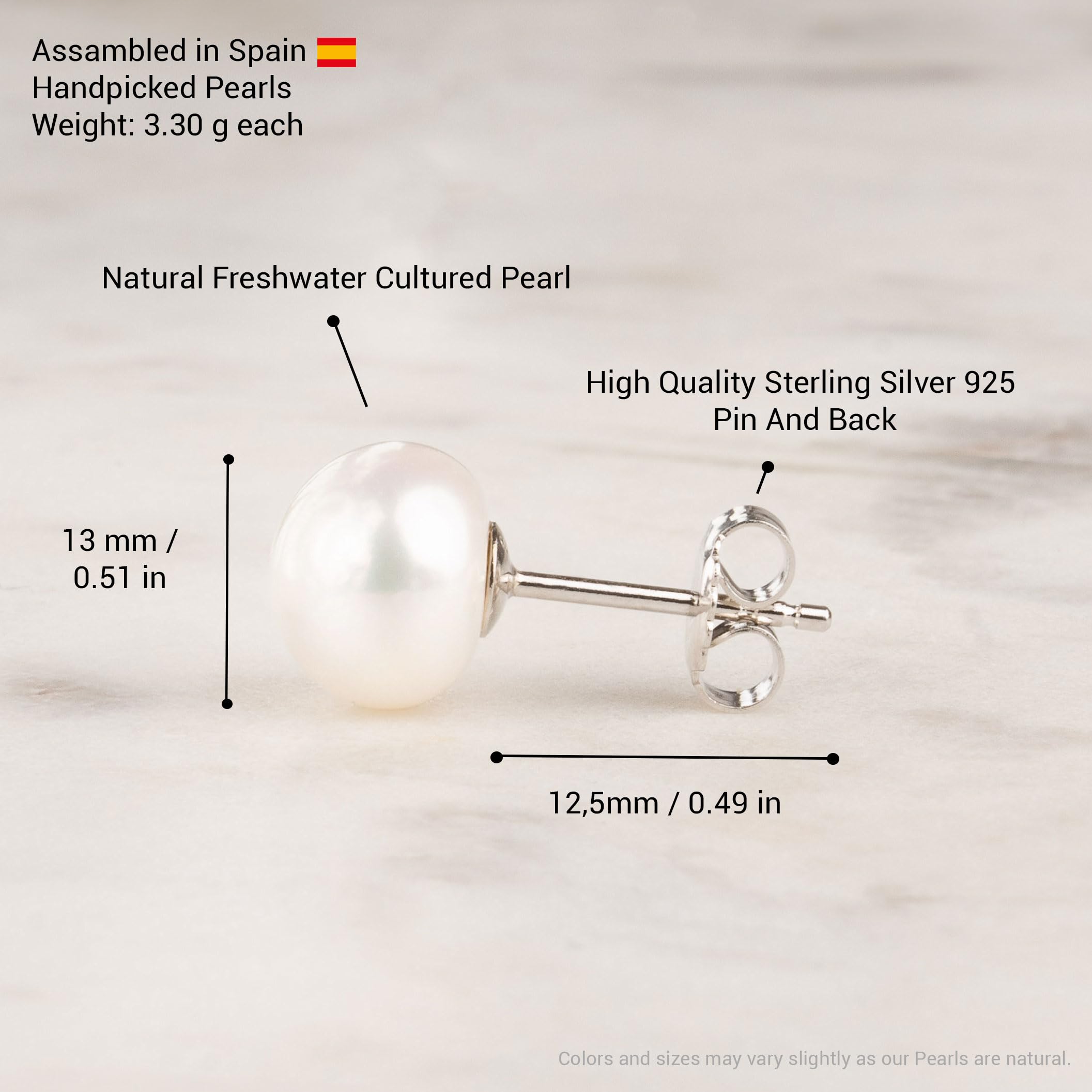 Women Pearl Stud Earrings. Fresh Water Cultured Pearls Button Shape Secret & You | 925 Sterling Silver Mounts | Available in 10 sizes from 4 mm to 13 mm