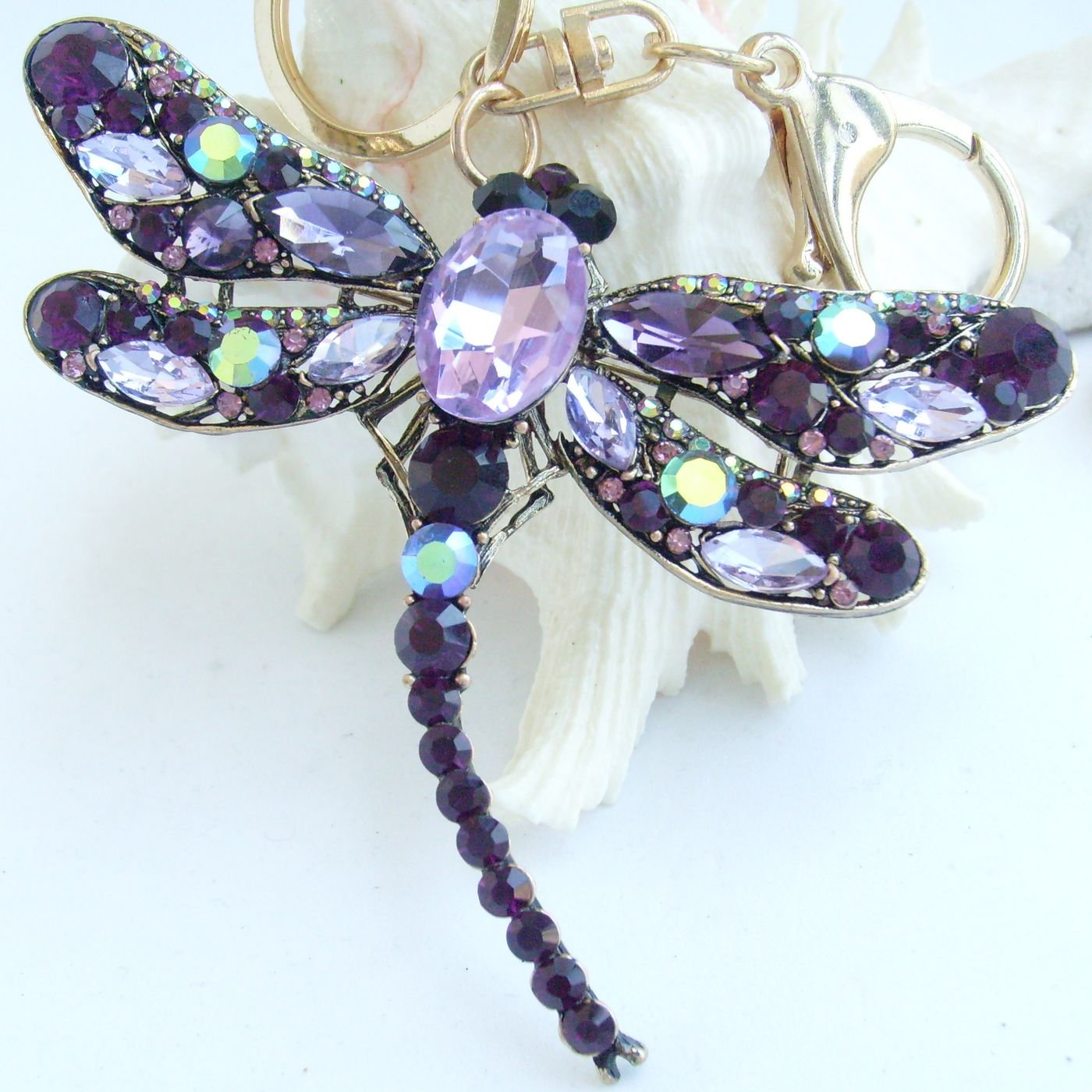 Sindary Art Style Dragonfly Keychain Pendant Rhinestone Crystal K5684 (Gold-Tone Purple)