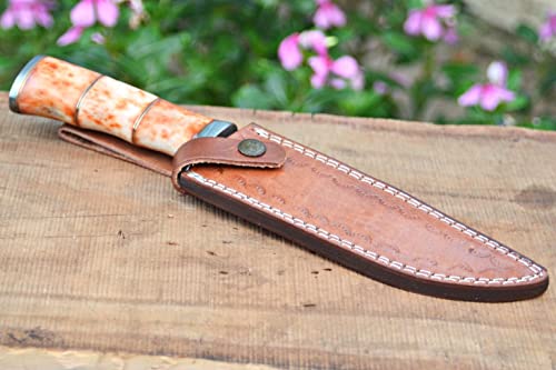 UK UNIQUE SHARP KNIVES BK-3004 Handmade Damascus Steel 12.00 Inches Damascus Steel Hunting Knife - Coloured Camel Bone Brass Spicer Handle With Damascus Gurd/pommel