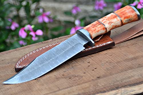 UK UNIQUE SHARP KNIVES BK-3004 Handmade Damascus Steel 12.00 Inches Damascus Steel Hunting Knife - Coloured Camel Bone Brass Spicer Handle With Damascus Gurd/pommel