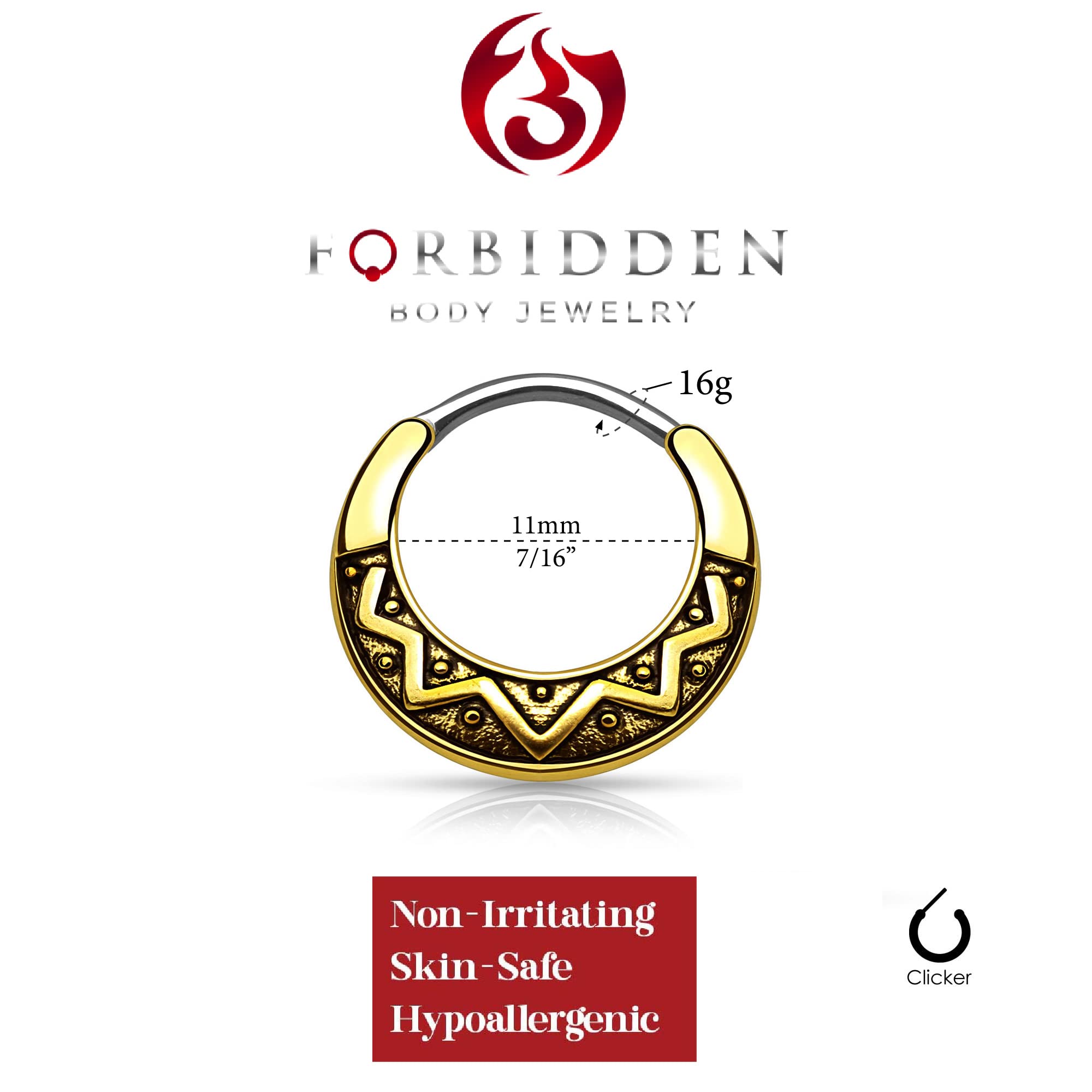 Forbidden Body Jewelry 16g 8mm Antique Finish Surgical Steel Tribal Design Hoop (Gold/Symbols)