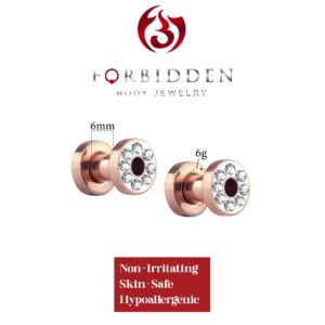 Forbidden Body Jewelry 0g Plugs, 0g Gauges, Gauges for a Wedding, Plug Gauges, Rhinestone Plugs, Rose Gold IP Surgical Steel Crystal Rimmed Screw Fit Cute Plugs (4mm 6GA)