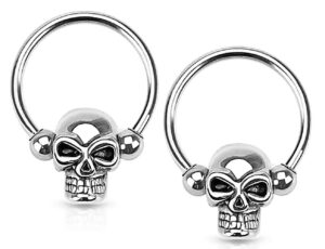 forbidden body jewelry surgical steel skull captive bead ring hoops, skull septum ring, nipple ring, cbr 14g 12mm (sold as a set)