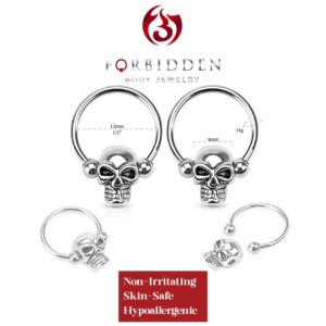 Forbidden Body Jewelry Surgical Steel Skull Captive Bead Ring Hoops, Skull Septum Ring, Nipple Ring, CBR 14G 12mm (Sold as a Set)