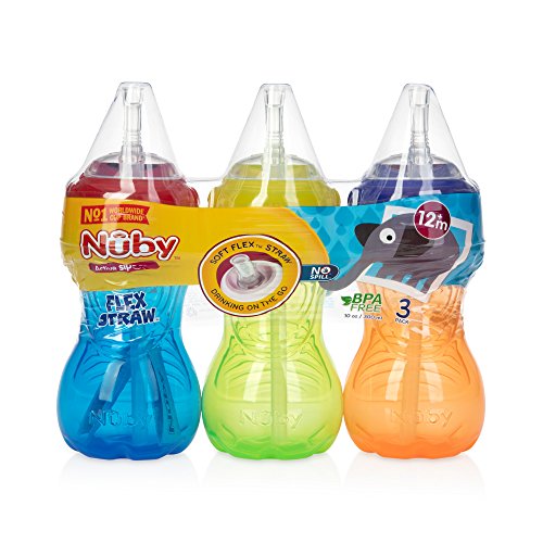 Nuby No-Spill Sippy Cup with Flex Straw - (3-Pack) 10-Ounce Bottles - Sippy Cups for Toddlers 12+ Months - Neutral Color Training Cups for Toddlers