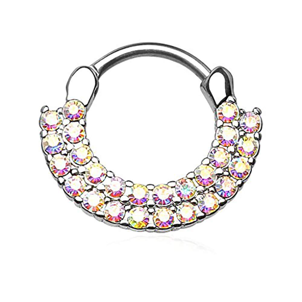 Forbidden Body Jewelry 16g 8mm Surgical Steel Double Lined CZ Clicker Hoop (Aurora Borealis)