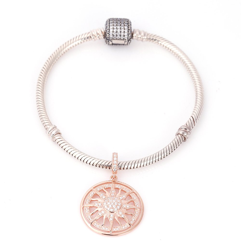 Rose Gold Sun Charms 925 Sterling Silver Dangle Charms with Clear CZ for Pandora 3mm Snake Chain Bracelet