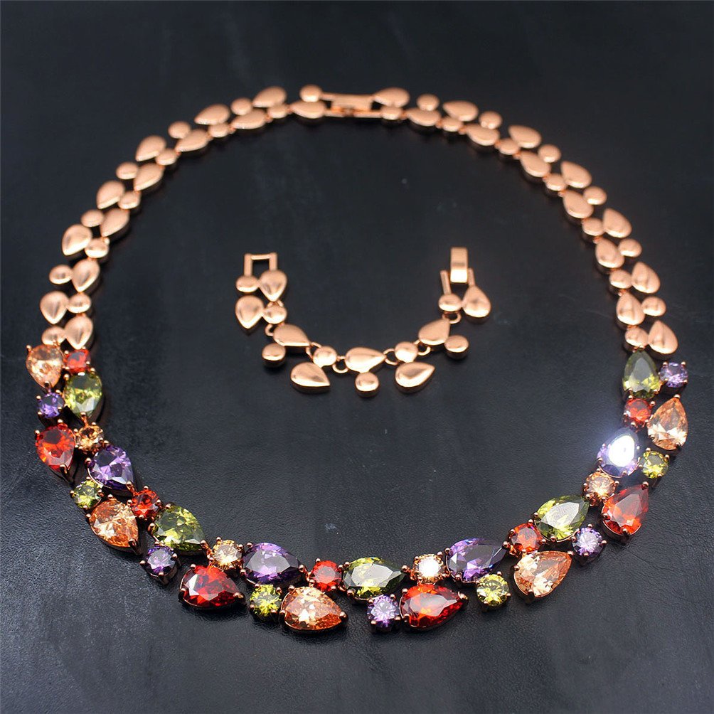 Vanessa Rose Gold Multi Gemstone Jewelry Sets for Women,Sparkling Garnet Amethyst Morganite Peridot Topaz (Necklace)