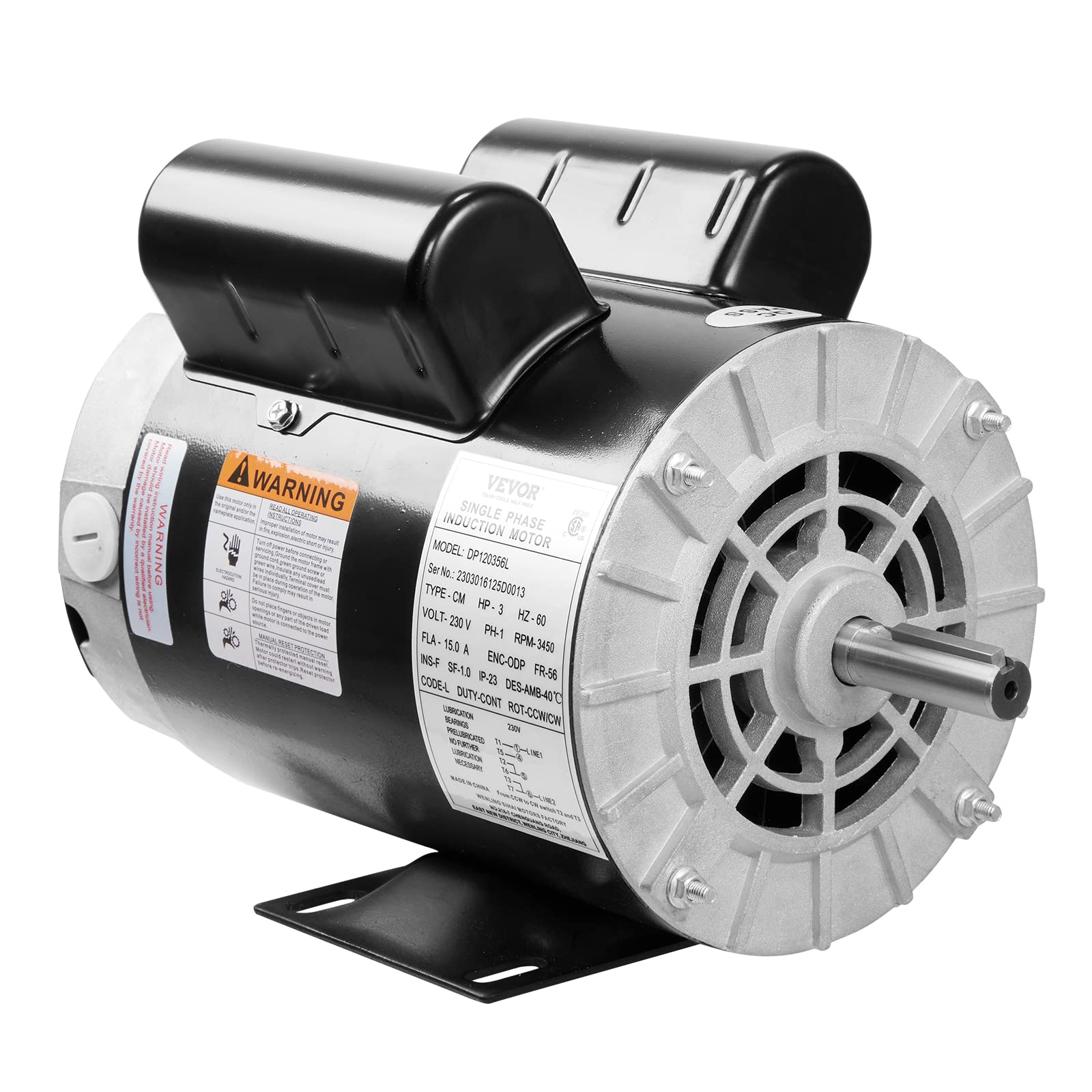 VEVOR 3HP Air Compressor Motor, 230V 15 Amps 3450RPM Electric Motor, 56 Frame 5/8" Keyed Shaft, 1.88" Shaft Length for Air Compressors, CW/CCW Rotation