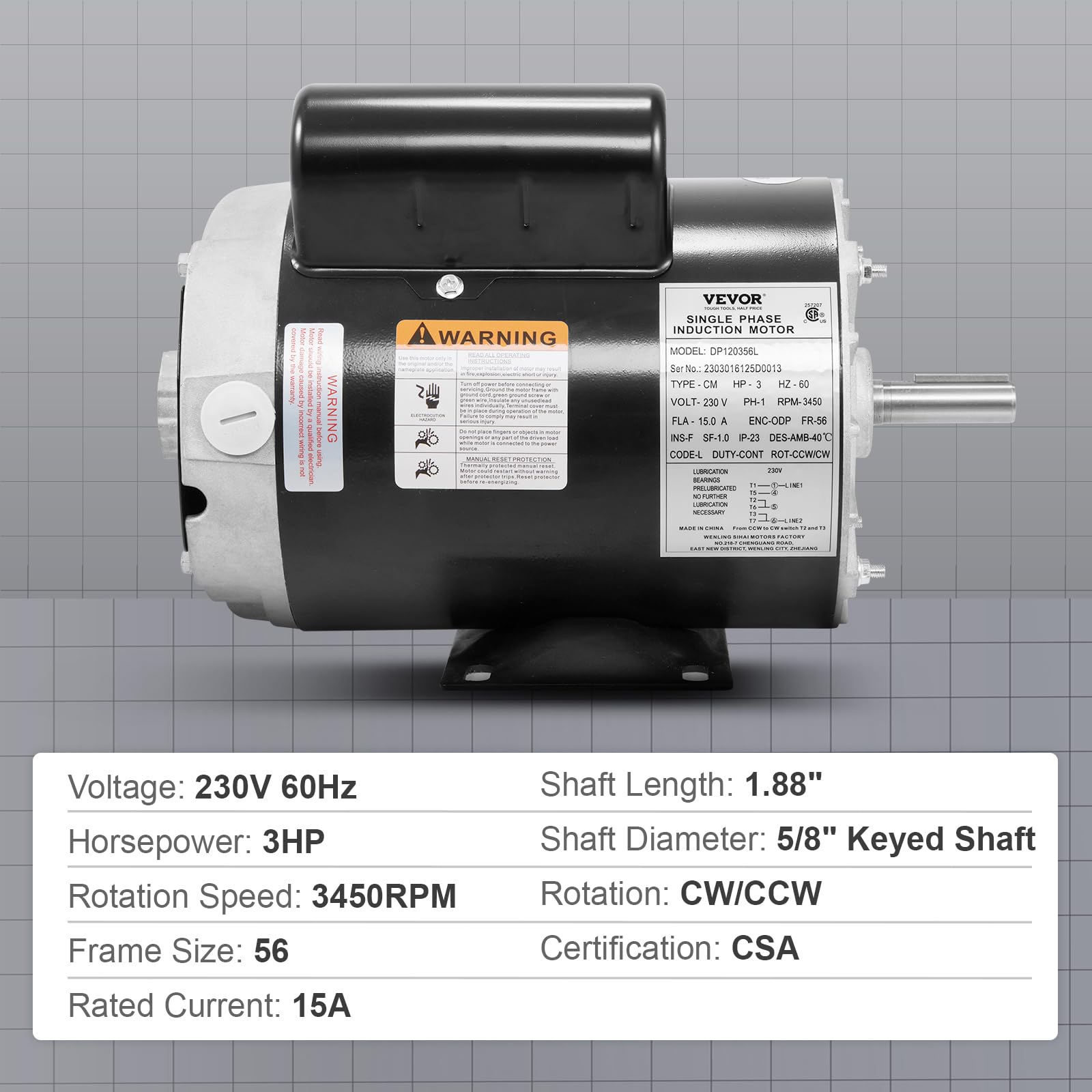 VEVOR 3HP Air Compressor Motor, 230V 15 Amps 3450RPM Electric Motor, 56 Frame 5/8" Keyed Shaft, 1.88" Shaft Length for Air Compressors, CW/CCW Rotation