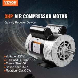 VEVOR 3HP Air Compressor Motor, 230V 15 Amps 3450RPM Electric Motor, 56 Frame 5/8" Keyed Shaft, 1.88" Shaft Length for Air Compressors, CW/CCW Rotation