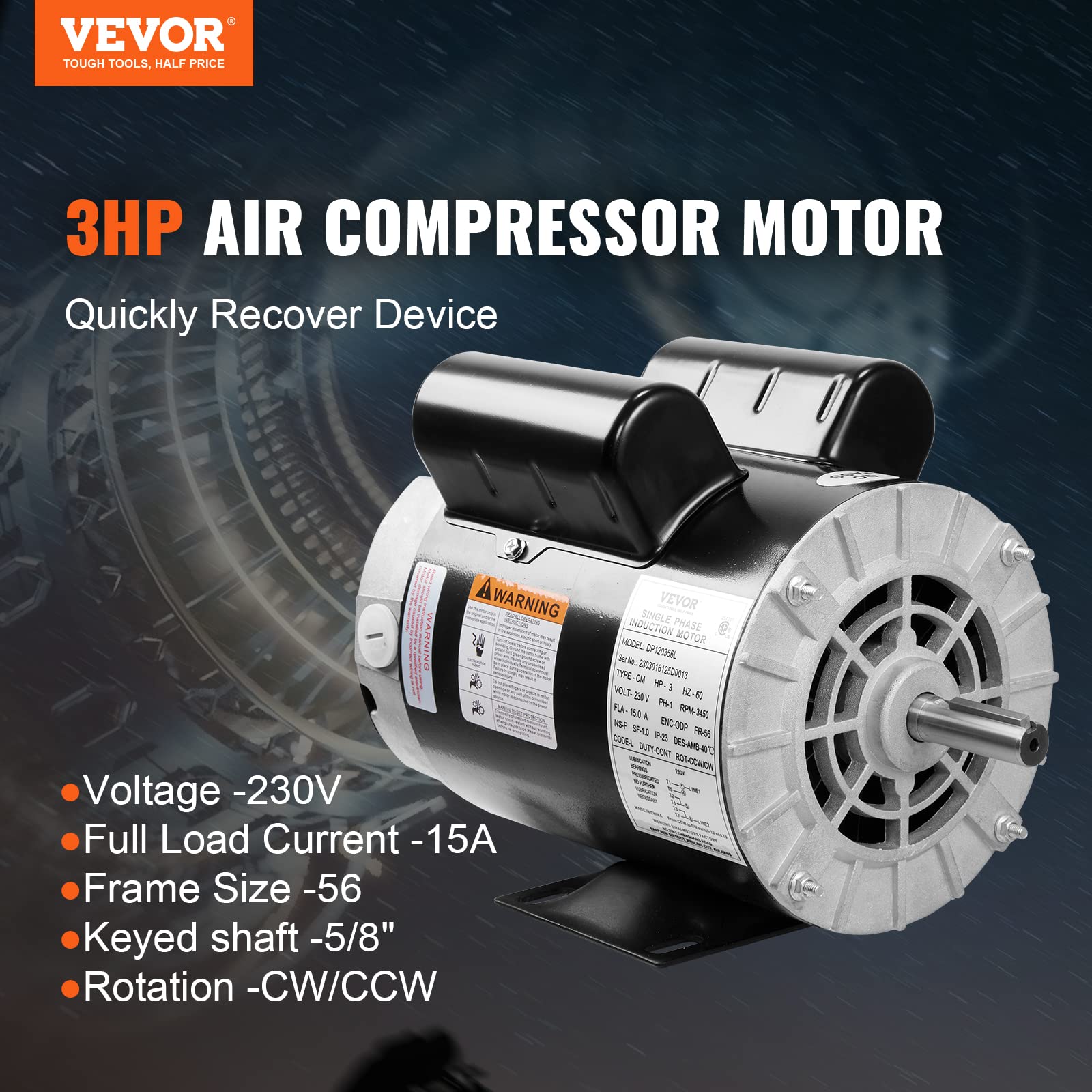 VEVOR 3HP Air Compressor Motor, 230V 15 Amps 3450RPM Electric Motor, 56 Frame 5/8" Keyed Shaft, 1.88" Shaft Length for Air Compressors, CW/CCW Rotation