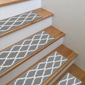 Machine Washable Moroccan Trellis Design Non-Slip Rubberback 8.5" x 26" Traditional Indoor Stair Treads for Wooden Stairs, 14 Pack, Gray