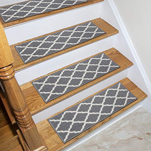 Machine Washable Moroccan Trellis Design Non-Slip Rubberback 8.5" x 26" Traditional Indoor Stair Treads for Wooden Stairs, 14 Pack, Gray