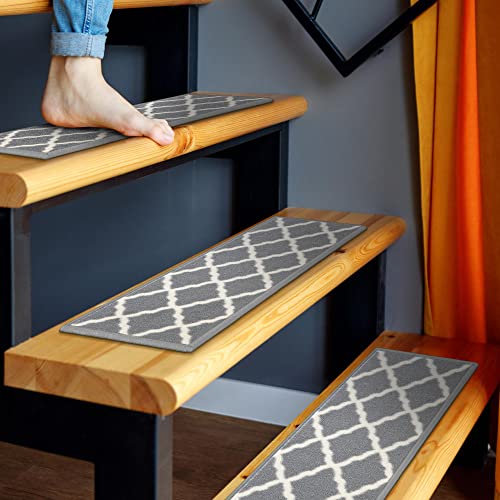 Machine Washable Moroccan Trellis Design Non-Slip Rubberback 8.5" x 26" Traditional Indoor Stair Treads for Wooden Stairs, 14 Pack, Gray