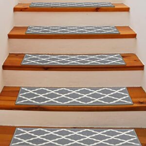 Machine Washable Moroccan Trellis Design Non-Slip Rubberback 8.5" x 26" Traditional Indoor Stair Treads for Wooden Stairs, 14 Pack, Gray