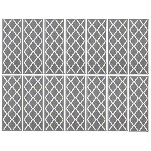 Machine Washable Moroccan Trellis Design Non-Slip Rubberback 8.5" x 26" Traditional Indoor Stair Treads for Wooden Stairs, 14 Pack, Gray