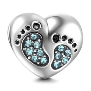 heart love baby footprints charms 925 sterling silver jan-dec birthstone crystal charms beads for bracelets (aquamarine march stone)