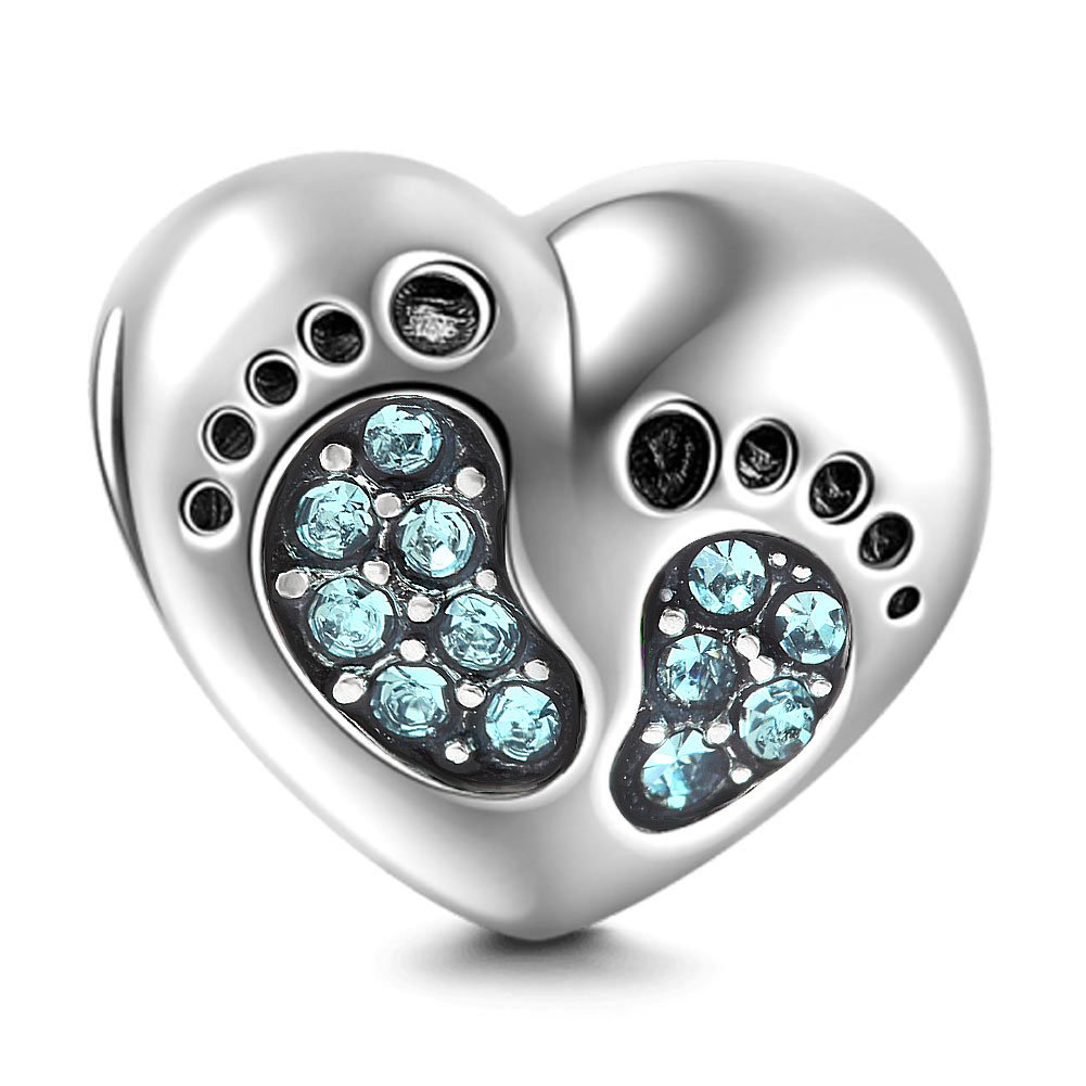 Heart Love Baby Footprints Charms 925 Sterling Silver Jan-Dec Birthstone Crystal Charms Beads for Bracelets (Aquamarine March Stone)