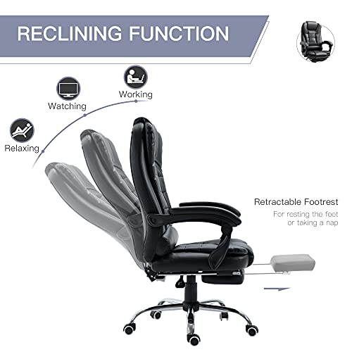 HOMCOM High Back Ergonomic Executive Office Chair, PU Leather Computer Chair with Retractable Footrest, Lumbar Support, Padded Headrest and Armrest, Black