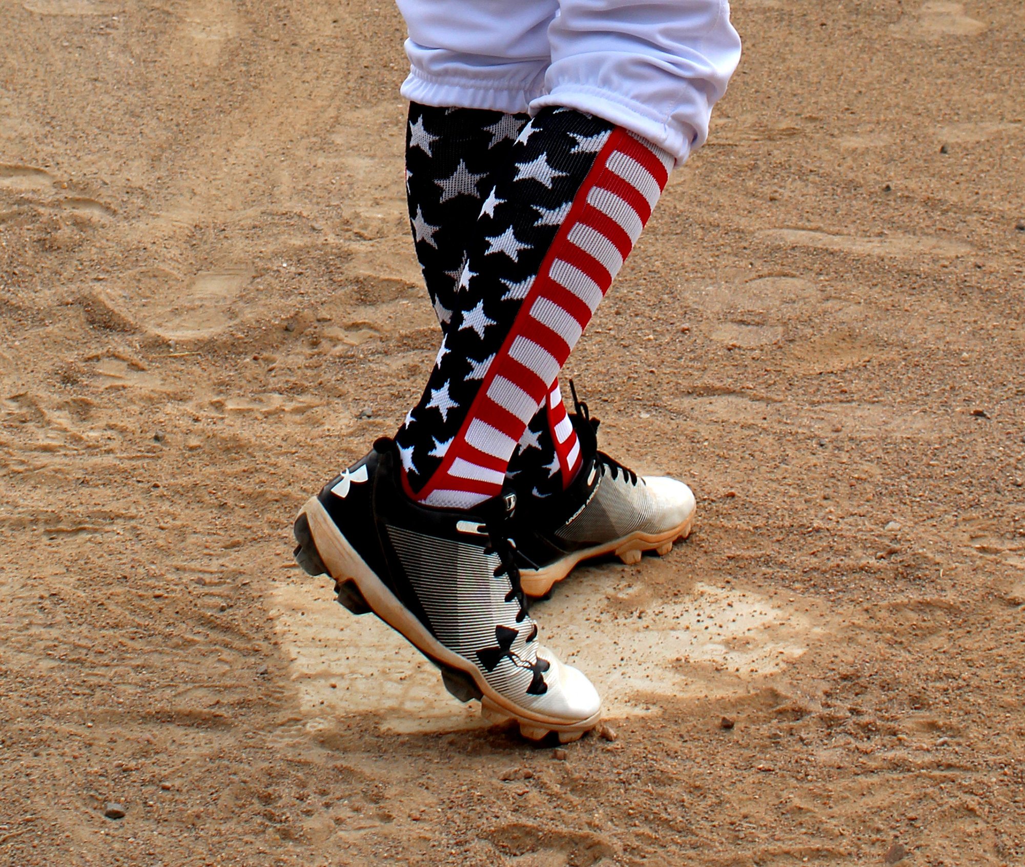 USA American Flag Stars and Stripes Over the Calf Socks (Navy/Red/White, Large) - Patriotic Knee High Socks for Softball, Baseball, Football, Soccer & More - Patriotic Sports Socks