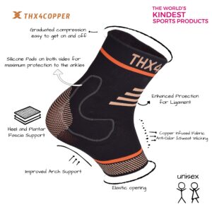 Thx4 Copper Infused Compression Ankle Brace,Silicone Ankle Sleeve Support, Pain Relief from Plantar Fasciitis, Achilles Tendonitis- Reduce Foot Swelling & Prevent Ankle Injuries - (Single)