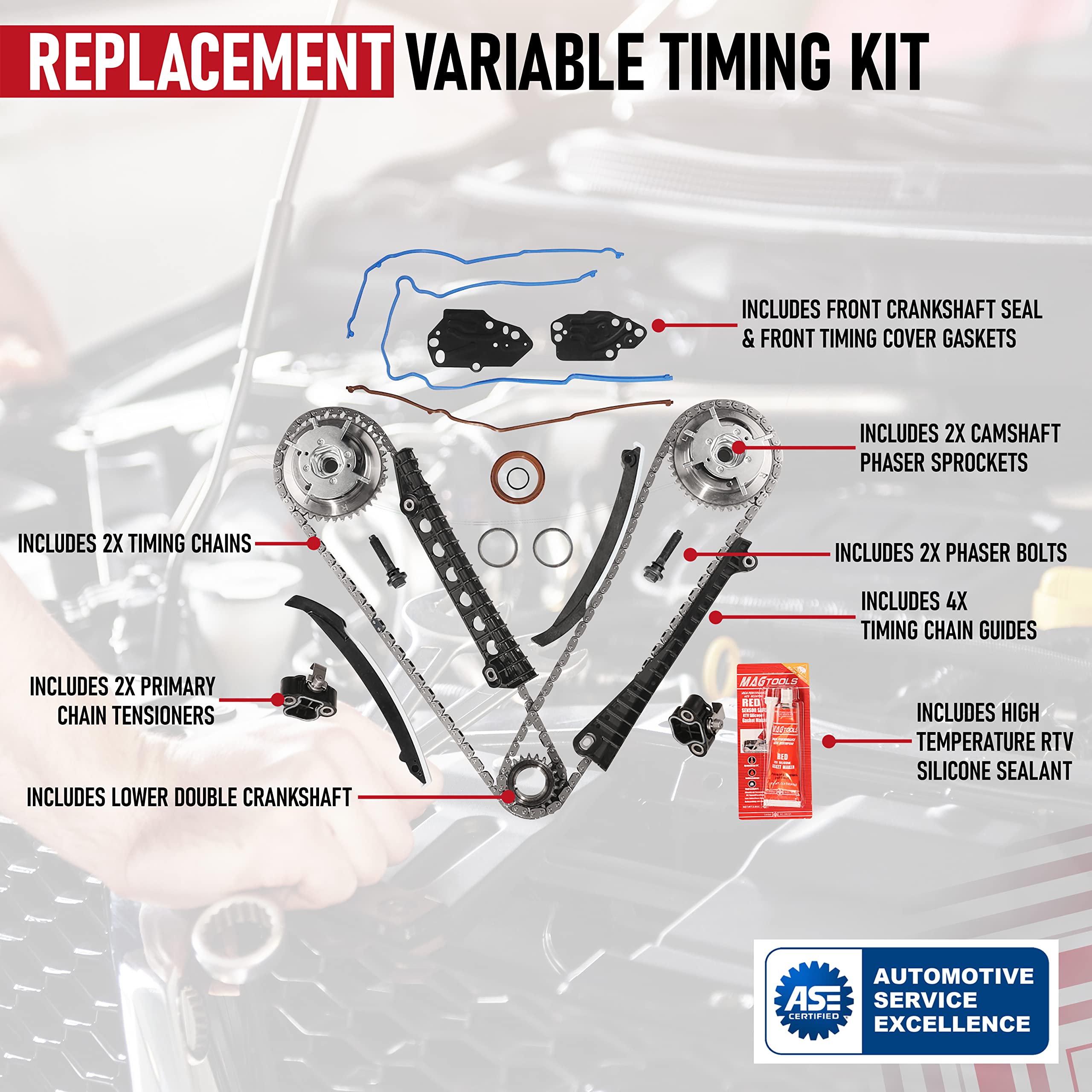 Variable Camshaft Timing Kit - Compatible with Ford & Lincoln Vehicles - 5.4L 24 Valve Triton Expedition, F-150, F-250, F-350 Super Duty, Mark LT, Navigator - Chain, Guide, Tensioner, Phaser