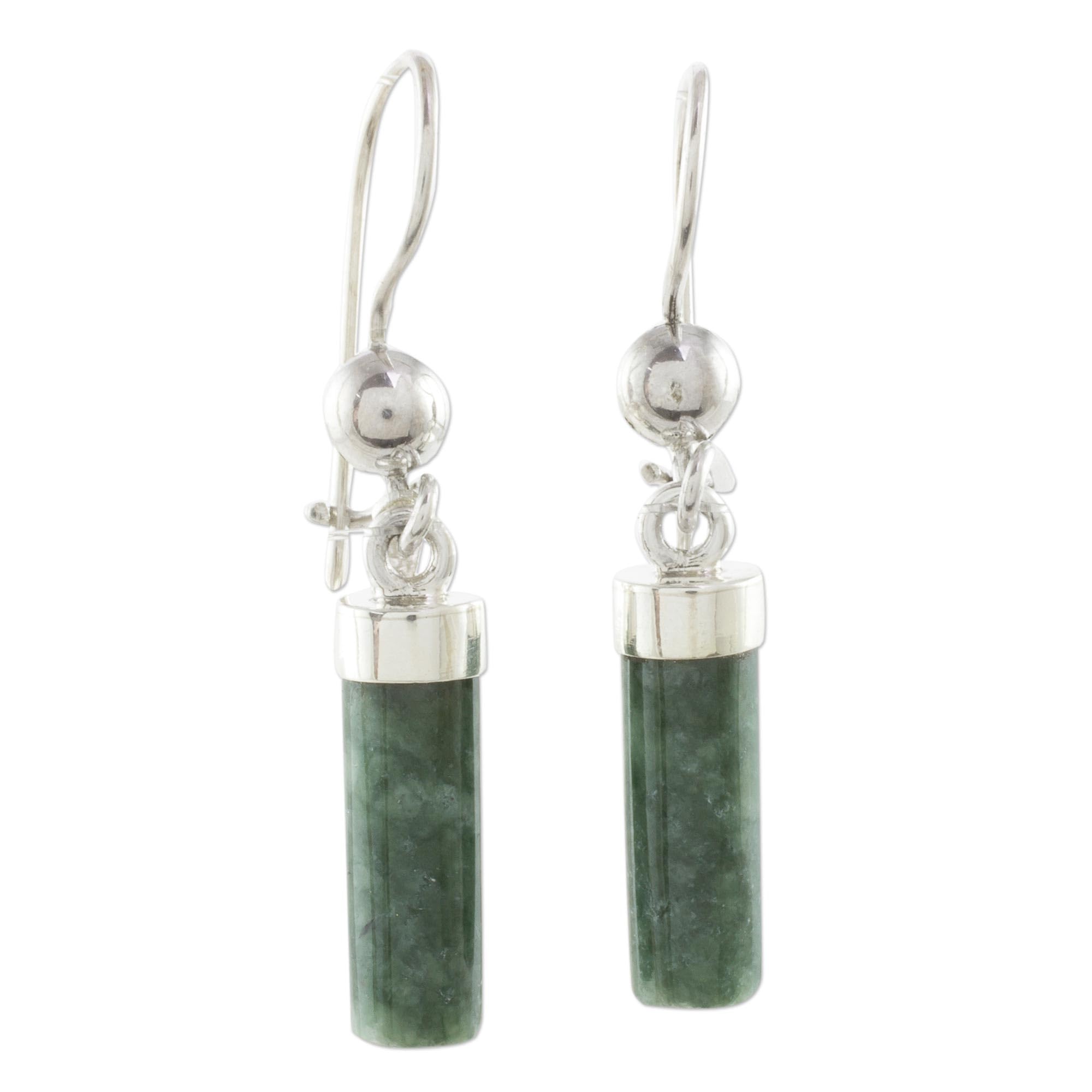 NOVICA Artisan Jade Dangle Earrings Green Cylindrical from Guatemala Sterling Silver [1.4 in L x 0.2 in W x 0.2 in D] ' Green Mayan Pillars'