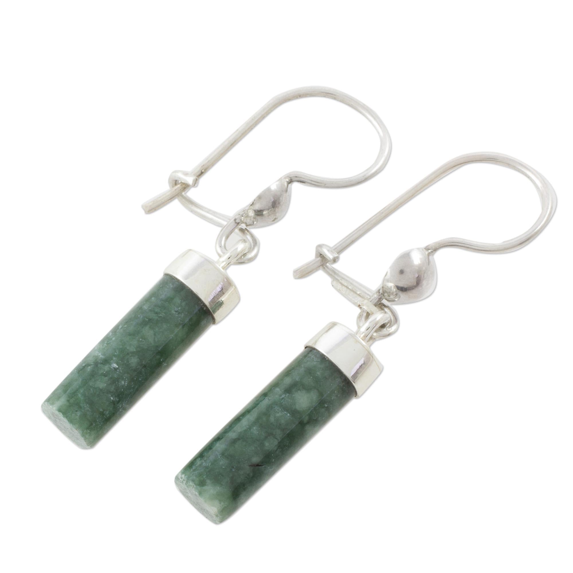 NOVICA Artisan Jade Dangle Earrings Green Cylindrical from Guatemala Sterling Silver [1.4 in L x 0.2 in W x 0.2 in D] ' Green Mayan Pillars'