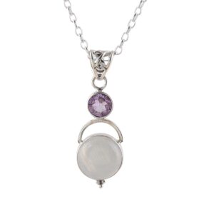 novica artisan handmade rainbow moonstone amethyst pendant necklace sterling silver clear purple india gemstone birthstone [17.75 in l 2 mm w pendant(s) 1.5 in l x 0.5 in w x 0.3 in d] ' alluring