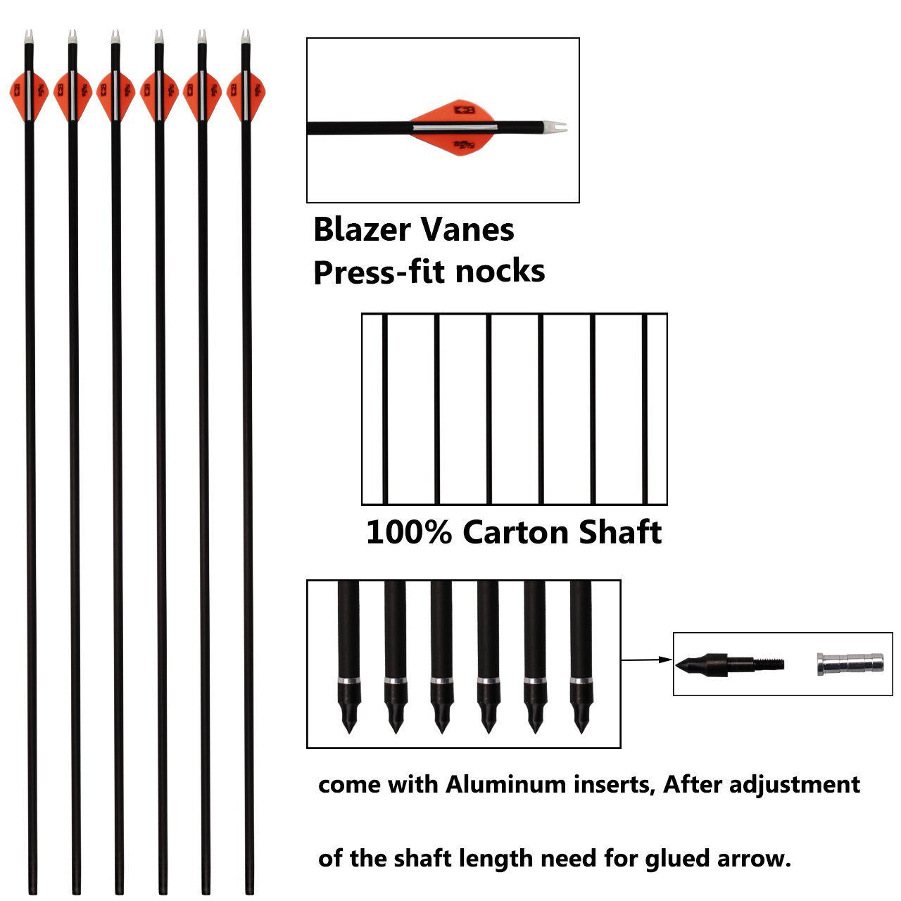 SinoArt Carbon Arrows 100% Carton Fiber Shaft 340/400/500 Spine Press-Fit Nocks Vanes Arrows for Bow Pack of 6 or 12 (12pack, 400Spine)