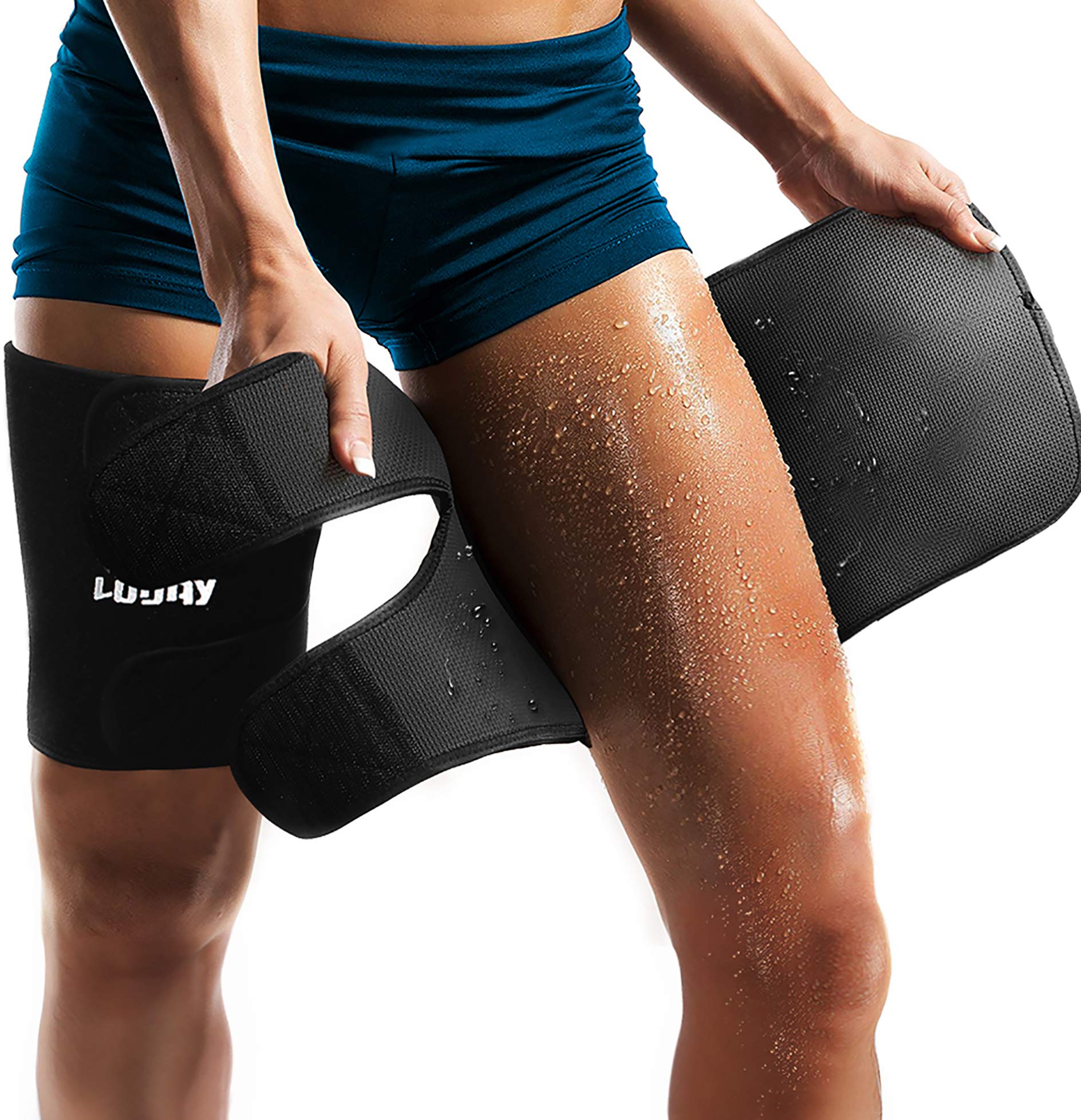 LODAY Neoprene Thigh Brace Support Hamstring Compression Sleeve Adjustable Upper Leg Wraps for Women and Men(a pair)