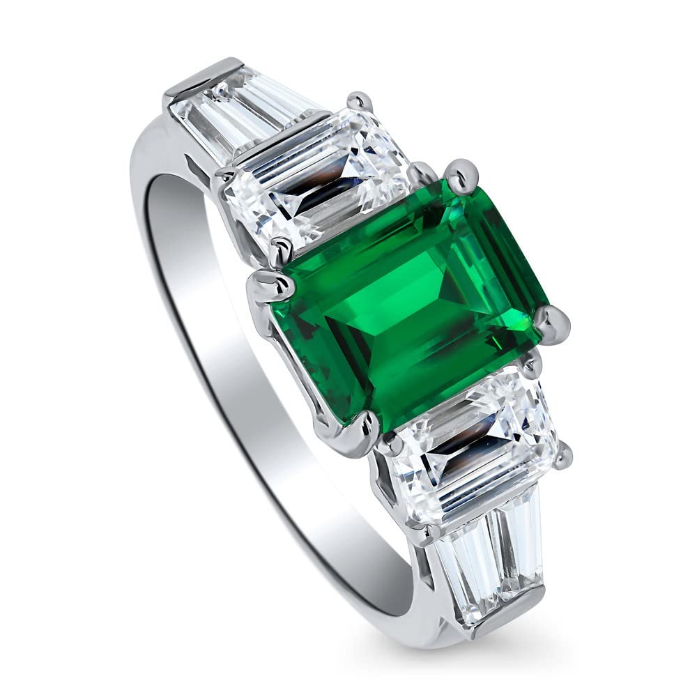 BERRICLE Sterling Silver 3-Stone Wedding Engagement Rings Simulated Emerald Cubic Zirconia CZ Cocktail Anniversary Ring for Women, Rhodium Plated Size 6