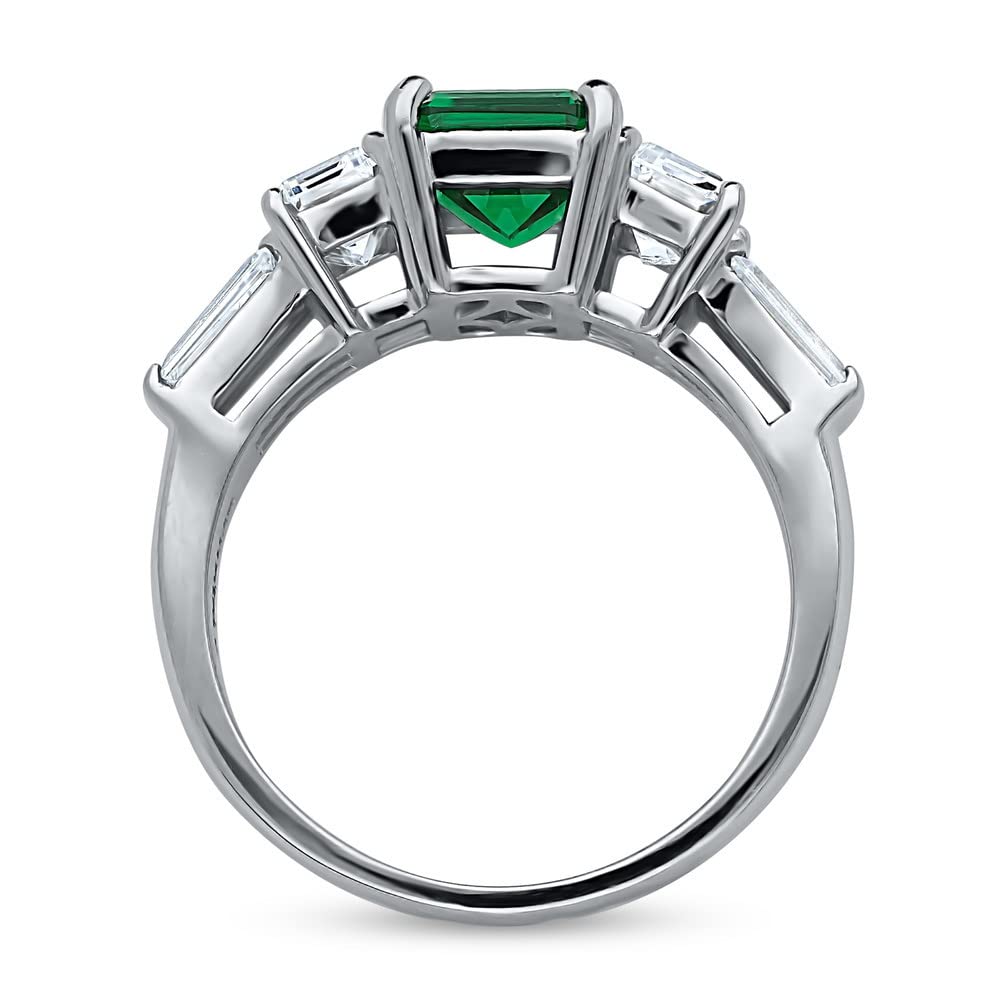 BERRICLE Sterling Silver 3-Stone Wedding Engagement Rings Simulated Emerald Cubic Zirconia CZ Cocktail Anniversary Ring for Women, Rhodium Plated Size 6