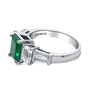 BERRICLE Sterling Silver 3-Stone Wedding Engagement Rings Simulated Emerald Cubic Zirconia CZ Cocktail Anniversary Ring for Women, Rhodium Plated Size 6