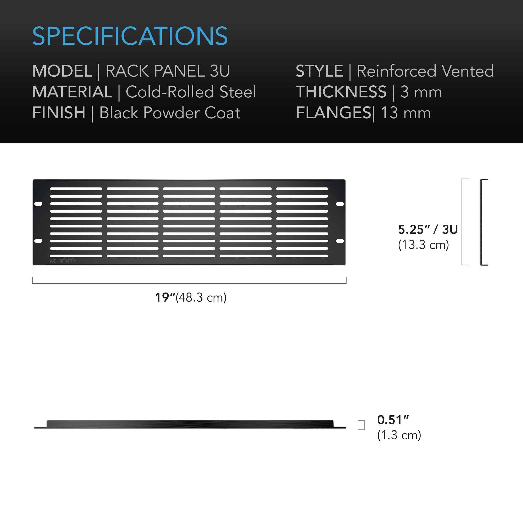 AC Infinity Rack Panel Accessory Vented 3U Space for 19" Rackmount, Heavy-Duty 3mm Gauge Steel, Black