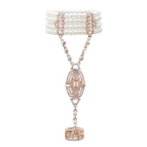 Metme 1920s Flapper Bracelet Ring Set Gatsby Accessories Imitation Pearl Crystal Bracelet Adjustable Ring