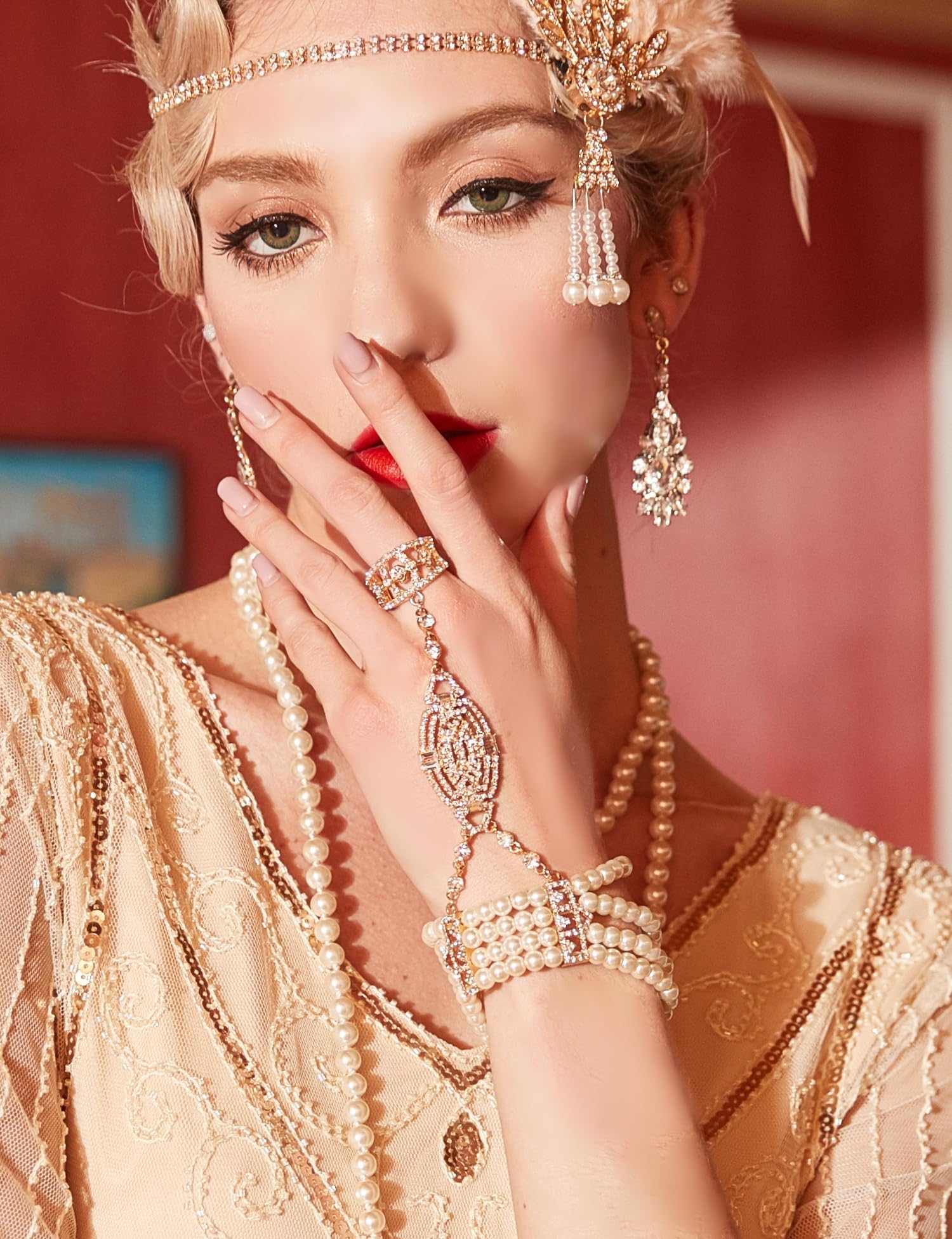 Metme 1920s Flapper Bracelet Ring Set Gatsby Accessories Imitation Pearl Crystal Bracelet Adjustable Ring