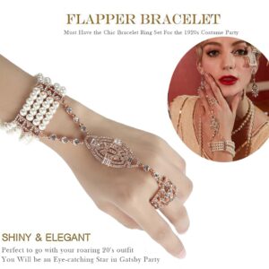 Metme 1920s Flapper Bracelet Ring Set Gatsby Accessories Imitation Pearl Crystal Bracelet Adjustable Ring