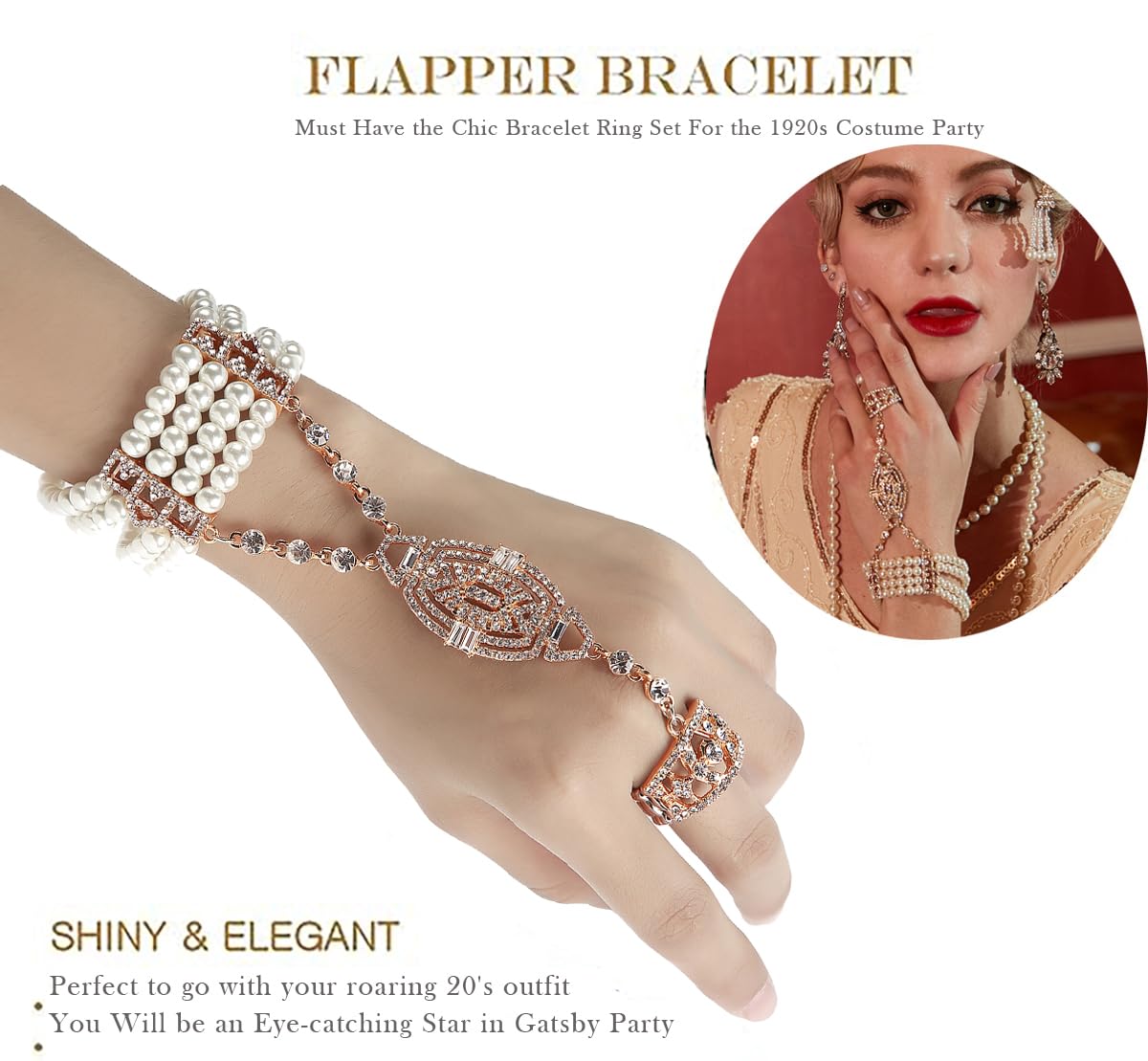 Metme 1920s Flapper Bracelet Ring Set Gatsby Accessories Imitation Pearl Crystal Bracelet Adjustable Ring