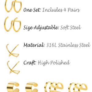 Tornito 4-10 Pairs Stainless Steel Ear Cuff Helix Cartilage Clip On Wrap Earrings Fake Nose Ring Non-Piercing Adjustable (B1: 4 Pairs, Gold Tone)