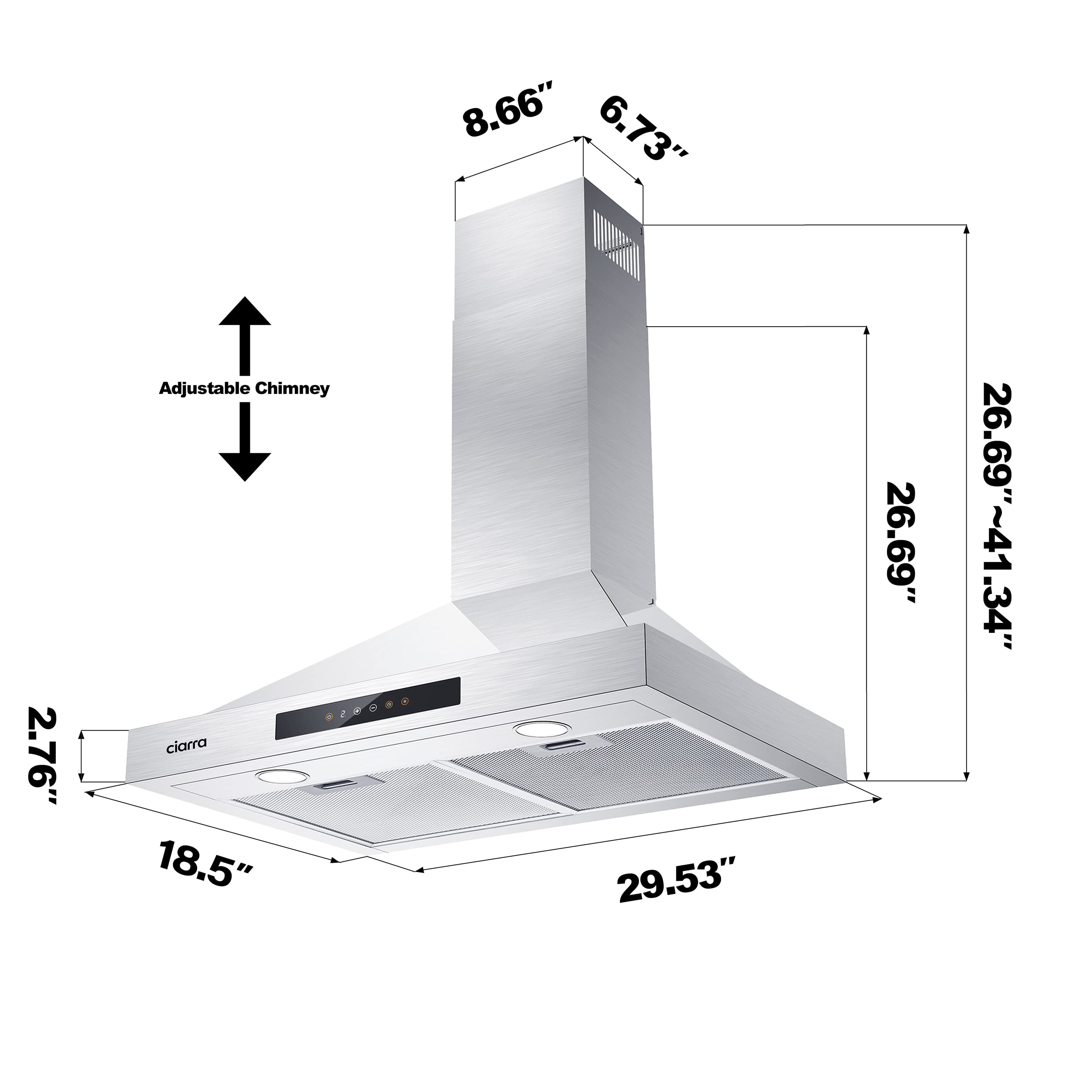 CIARRA Wall Mount Range Hood 30 inch 760m3/h Ducted Convertible Ductless Range Hood Vent in Stainless Steel CAS75308