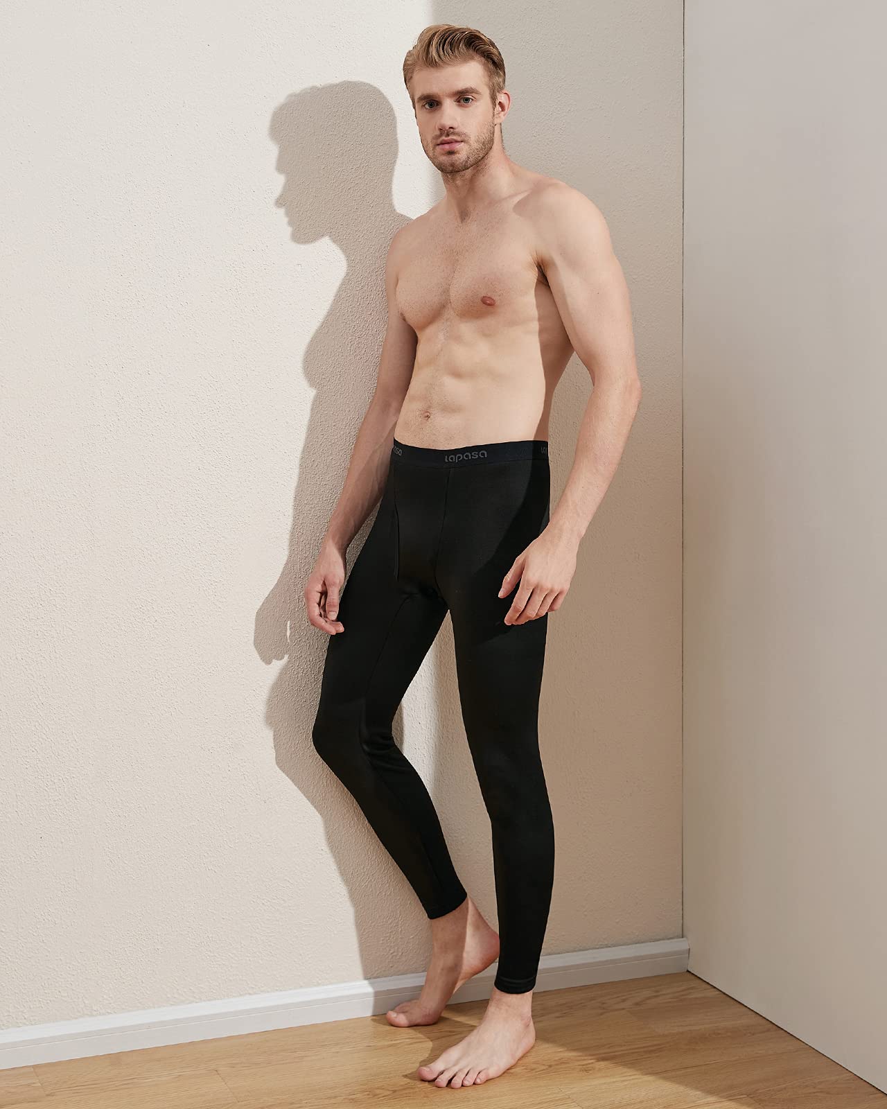 LAPASA Men's Thermal Underwear Bottom Long Johns Pants Fleece Lined Base Layer Lightweight Stretchy Cold Weather Winter Thermoflux 300 Extra Warm M25 Medium Black