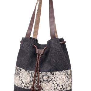 Women Printing Canvas Shoulder Bag Casual Hand Bags Purse Retro Tote Bags (Black) Medium