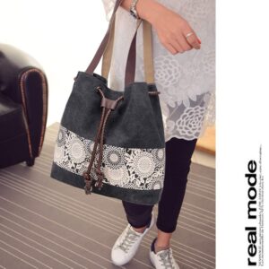 Women Printing Canvas Shoulder Bag Casual Hand Bags Purse Retro Tote Bags (Black) Medium