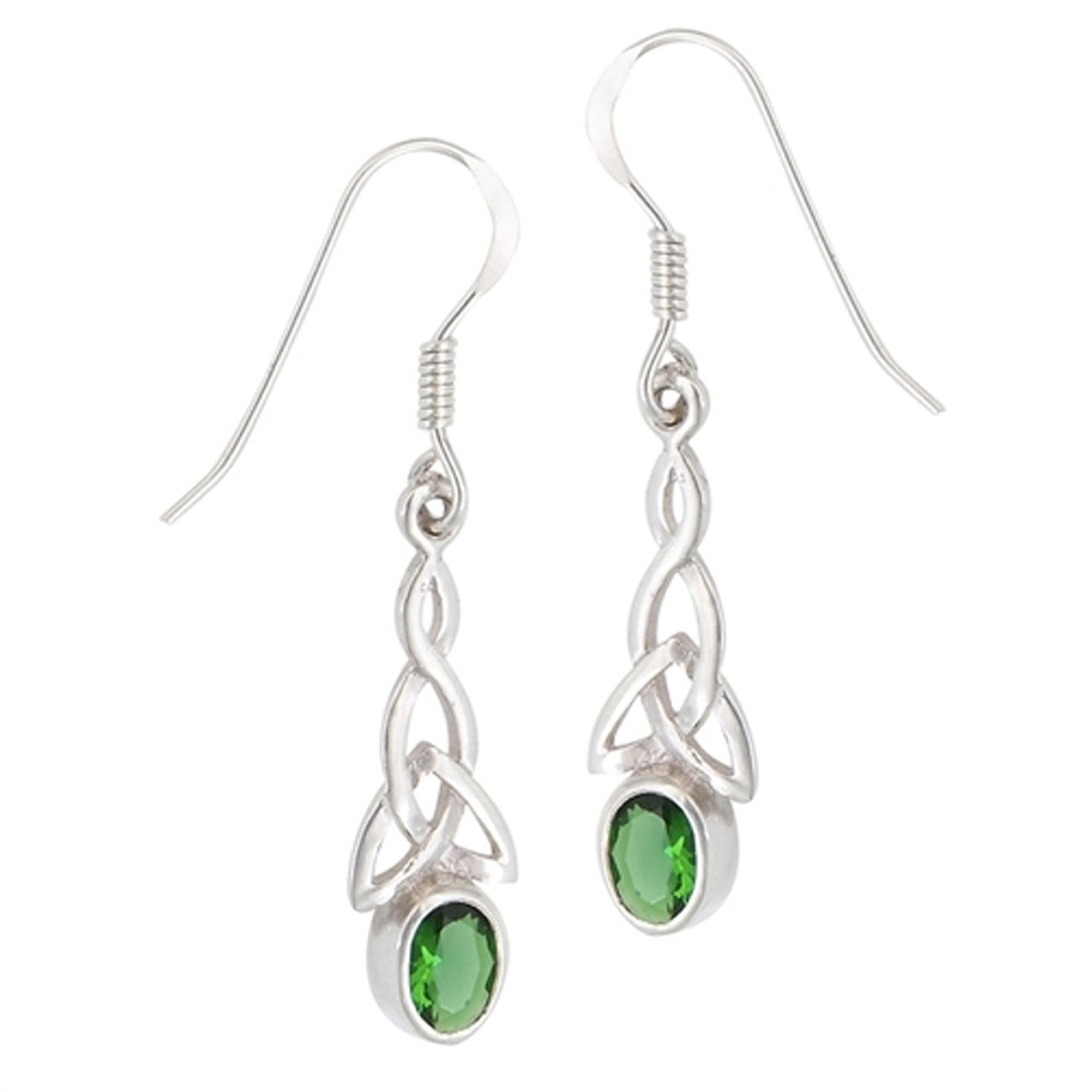 Sterling Silver Celtic Design Green Stone Drop Dangle Earrings