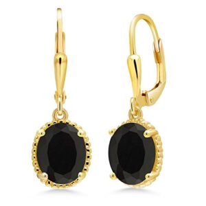 Gem Stone King 18K Yellow Gold Plated Silver Black Onyx Leverback Dangle Earrings For Women (4.00 Cttw, Gemstone December Birthstone, Oval 9X7MM)