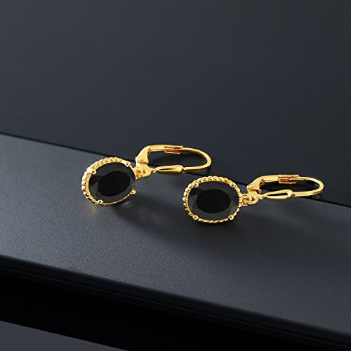 Gem Stone King 18K Yellow Gold Plated Silver Black Onyx Leverback Dangle Earrings For Women (4.00 Cttw, Gemstone December Birthstone, Oval 9X7MM)