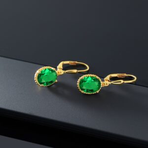 Gem Stone King 18K Yellow Gold Plated Silver Green Nano Emerald Leverback Dangle Earrings For Women (3.00 Cttw, Gemstone May Birthstone, Oval 9X7MM)