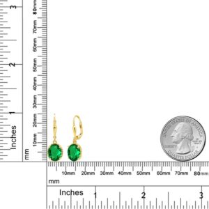 Gem Stone King 18K Yellow Gold Plated Silver Green Nano Emerald Leverback Dangle Earrings For Women (3.00 Cttw, Gemstone May Birthstone, Oval 9X7MM)